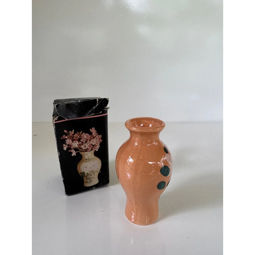 Vintage Miniature Ceramic Bud Vase Peach Floral Hand Painted Made in Taiwan Box